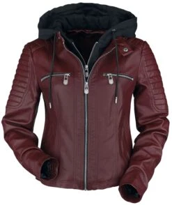 "Red Faux Leather Jacket With Hood" Imitation Leather Jacket Dark Red By Black Premium By EMP