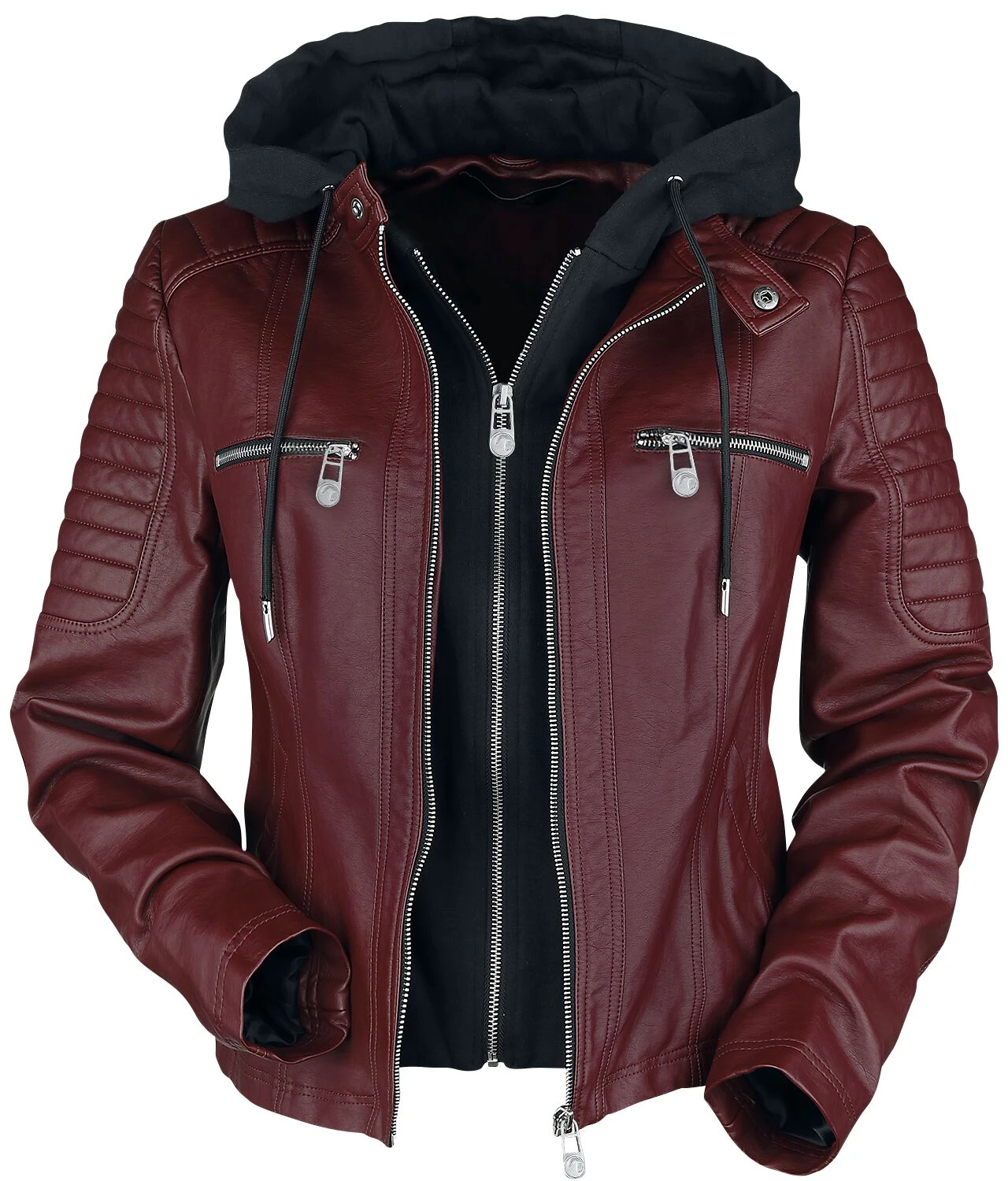 "Red Faux Leather Jacket With Hood" Imitation Leather Jacket Dark Red By Black Premium By EMP - Image 3