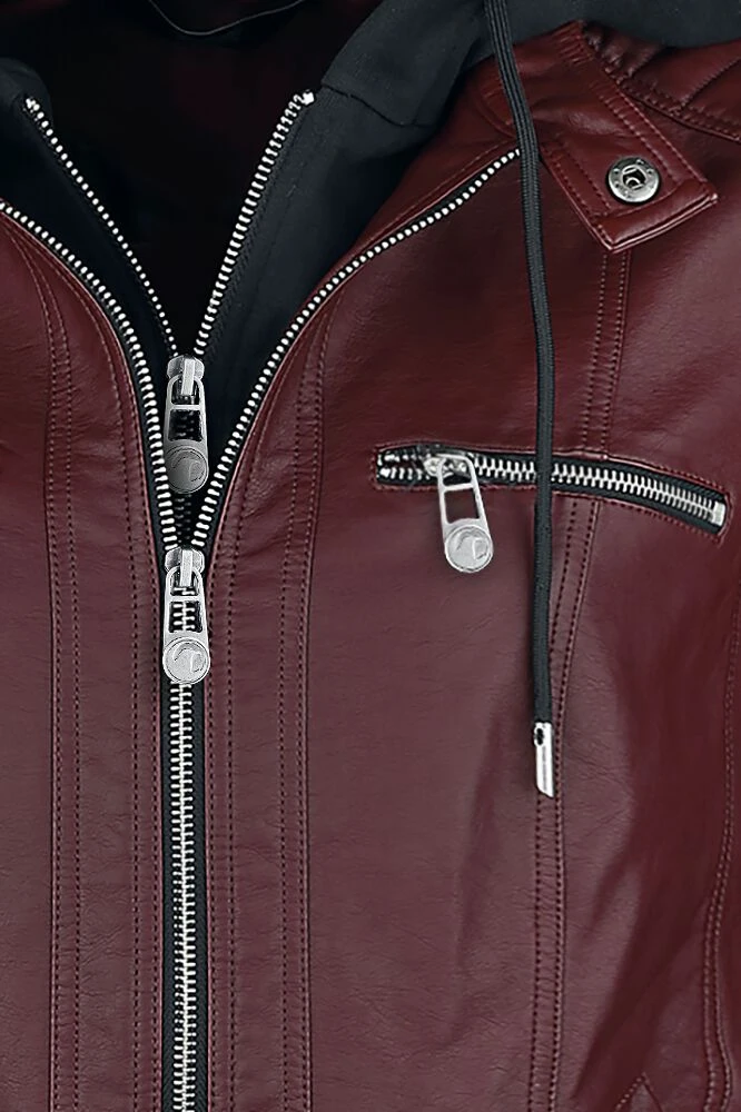 "Red Faux Leather Jacket With Hood" Imitation Leather Jacket Dark Red By Black Premium By EMP - Image 4