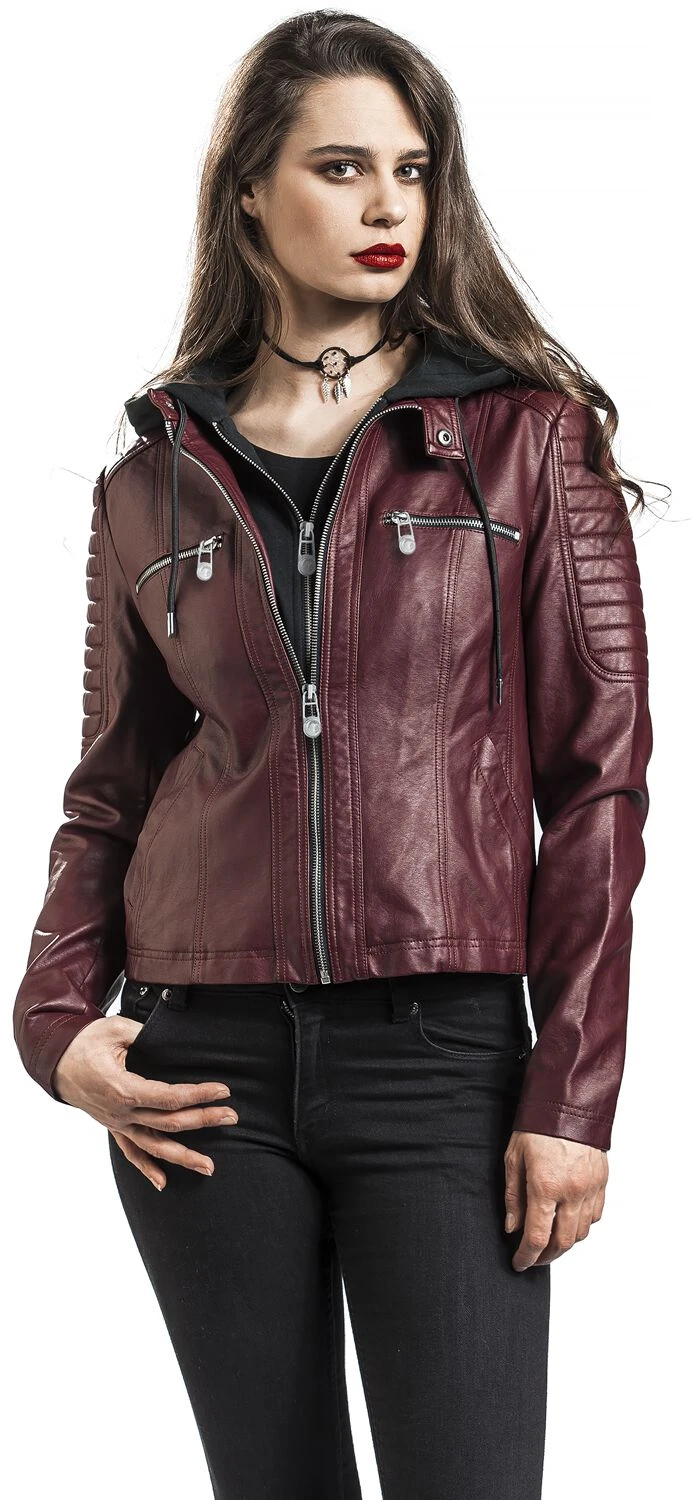 "Red Faux Leather Jacket With Hood" Imitation Leather Jacket Dark Red By Black Premium By EMP - Image 5
