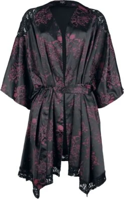 "Black Dressing Gown With All-over Print And Lace Details" Dressing Gown Black By Black Premium By EMP