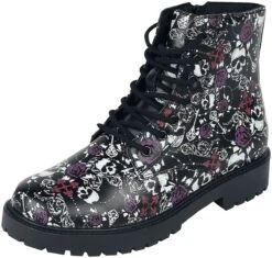 "Black Lace-Up Boots With Skull And Roses Print" Boot Black By Black Premium By EMP