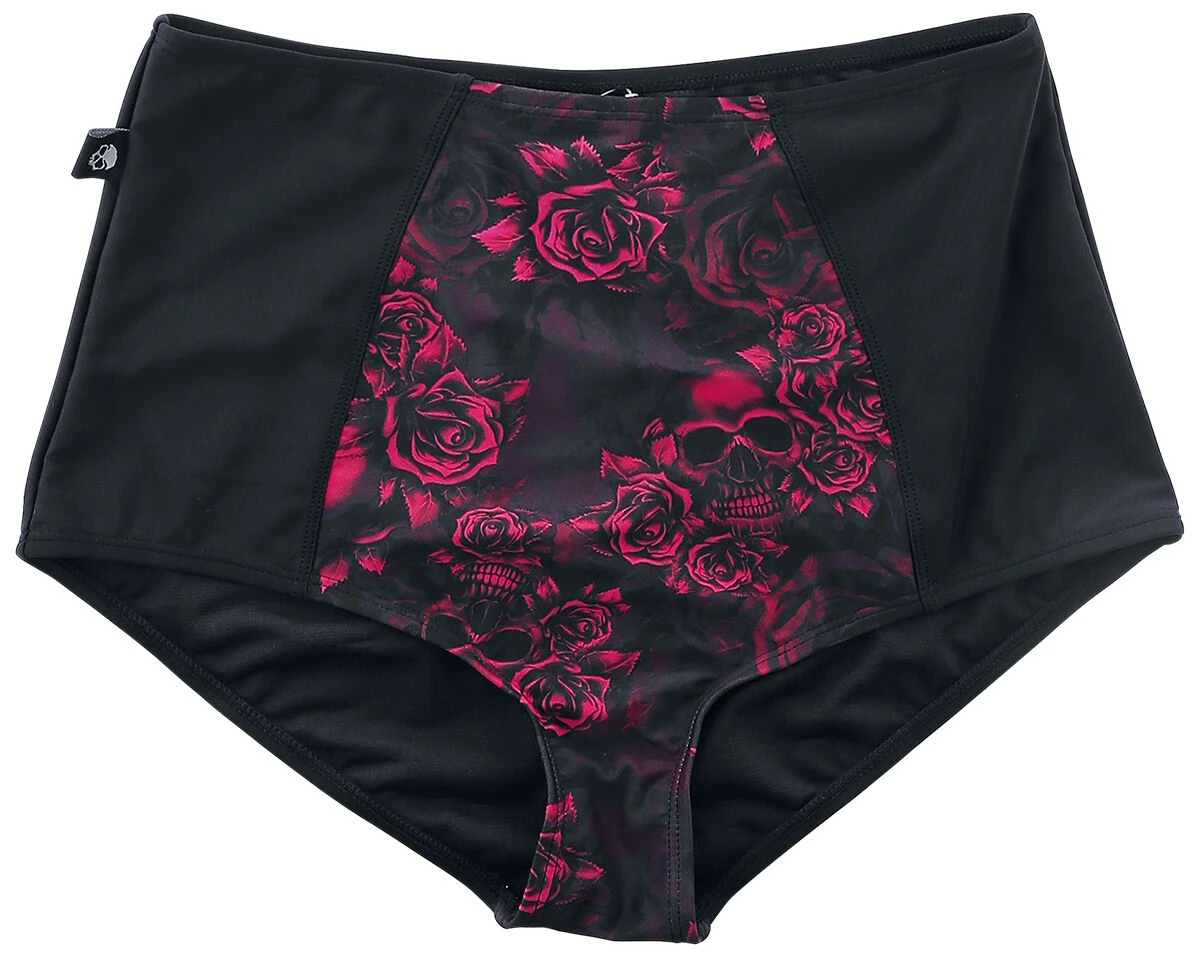 "Black High-Waist Bikini Bottoms With Skull & Roses Motif" Bikini Bottom Black By Black Premium By EMP