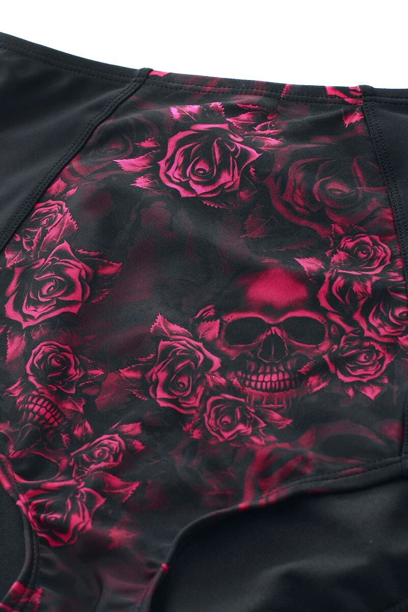 "Black High-Waist Bikini Bottoms With Skull & Roses Motif" Bikini Bottom Black By Black Premium By EMP - Image 3