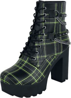 "Black Ankle Boots With Pattern, Straps And Chains" High Heel Black By Gothicana By EMP