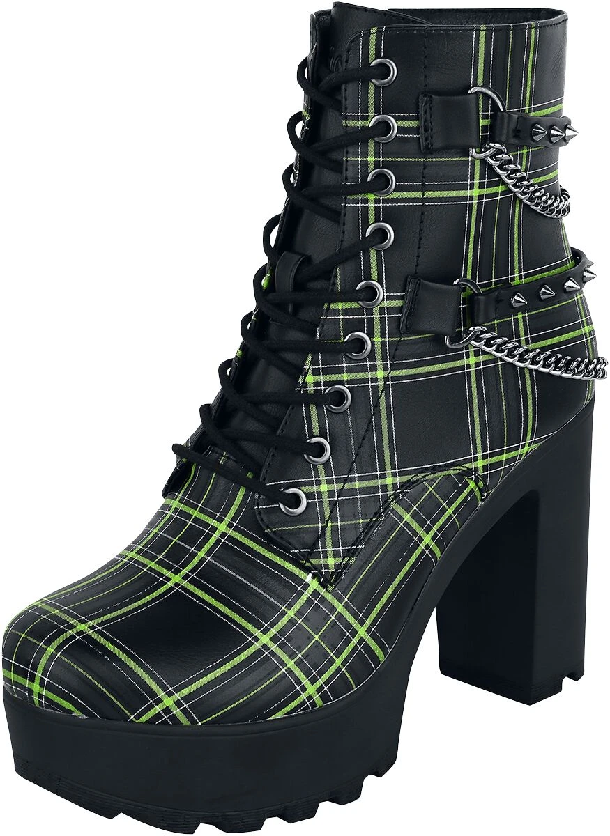 "Black Ankle Boots With Pattern, Straps And Chains" High Heel Black By Gothicana By EMP