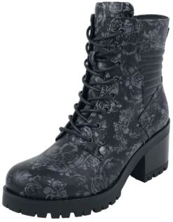 "Black Lace-Up Boots With Skull & Roses Pattern And Heel" Boot Black By Black Premium By EMP