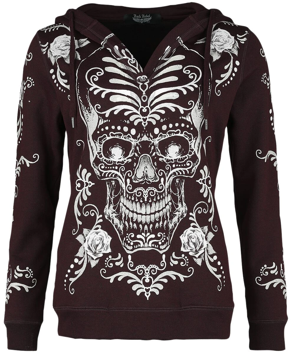 "Hoodie With Día De Los Muertos Print" Hooded Sweater Burgundy By Rock Rebel By EMP