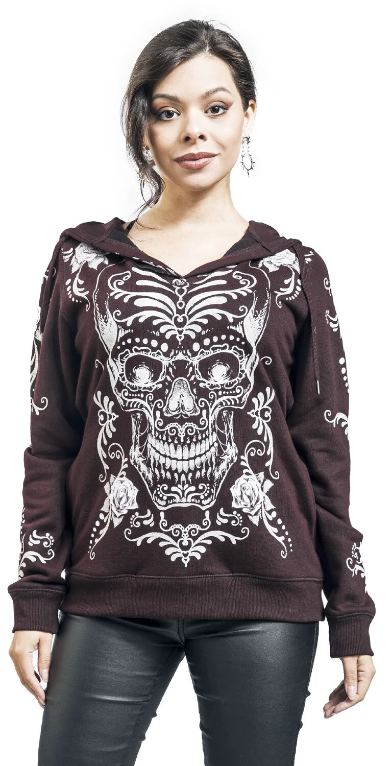 "Hoodie With Día De Los Muertos Print" Hooded Sweater Burgundy By Rock Rebel By EMP - Image 5