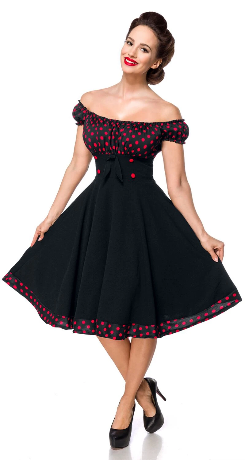 "Off-The-Shoulder Swing Dress" Medium-length Dress Black-red By Belsira