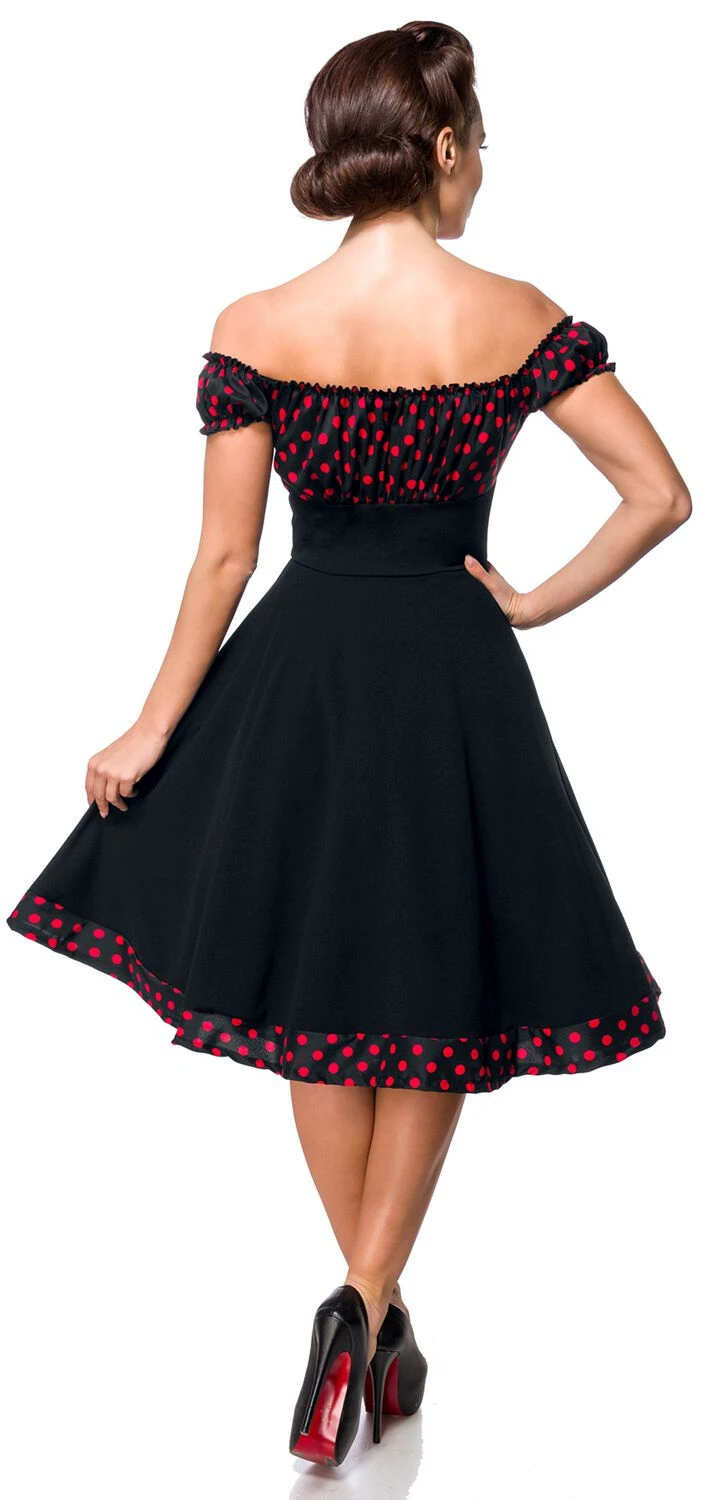 "Off-The-Shoulder Swing Dress" Medium-length Dress Black-red By Belsira - Image 2