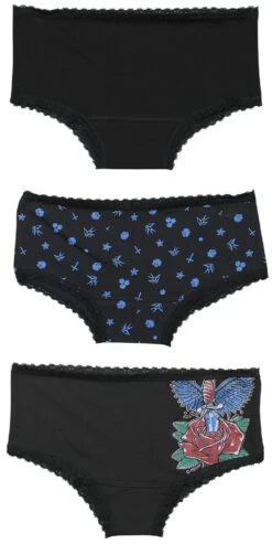 "Three-pack Of Pants With Old School Motifs" Panty Set Black By Rock Rebel By EMP