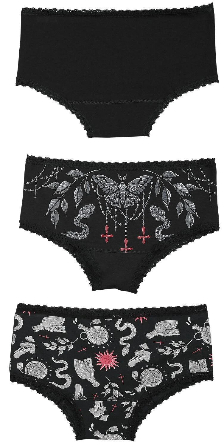 "Three-pack Of Pants With Witch Motifs" Panty Set Black By Gothicana By EMP