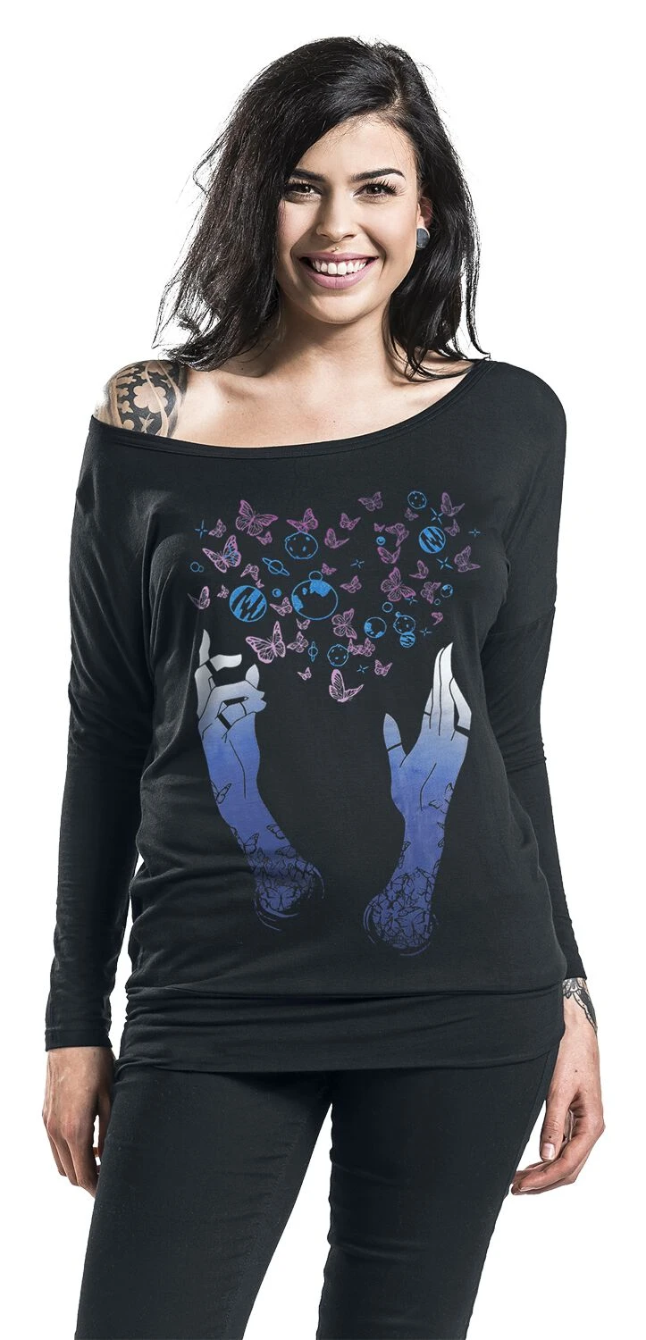"Long-sleeved Shirt With Playful Print" Long-sleeve Shirt Black By Full Volume By EMP - Image 4