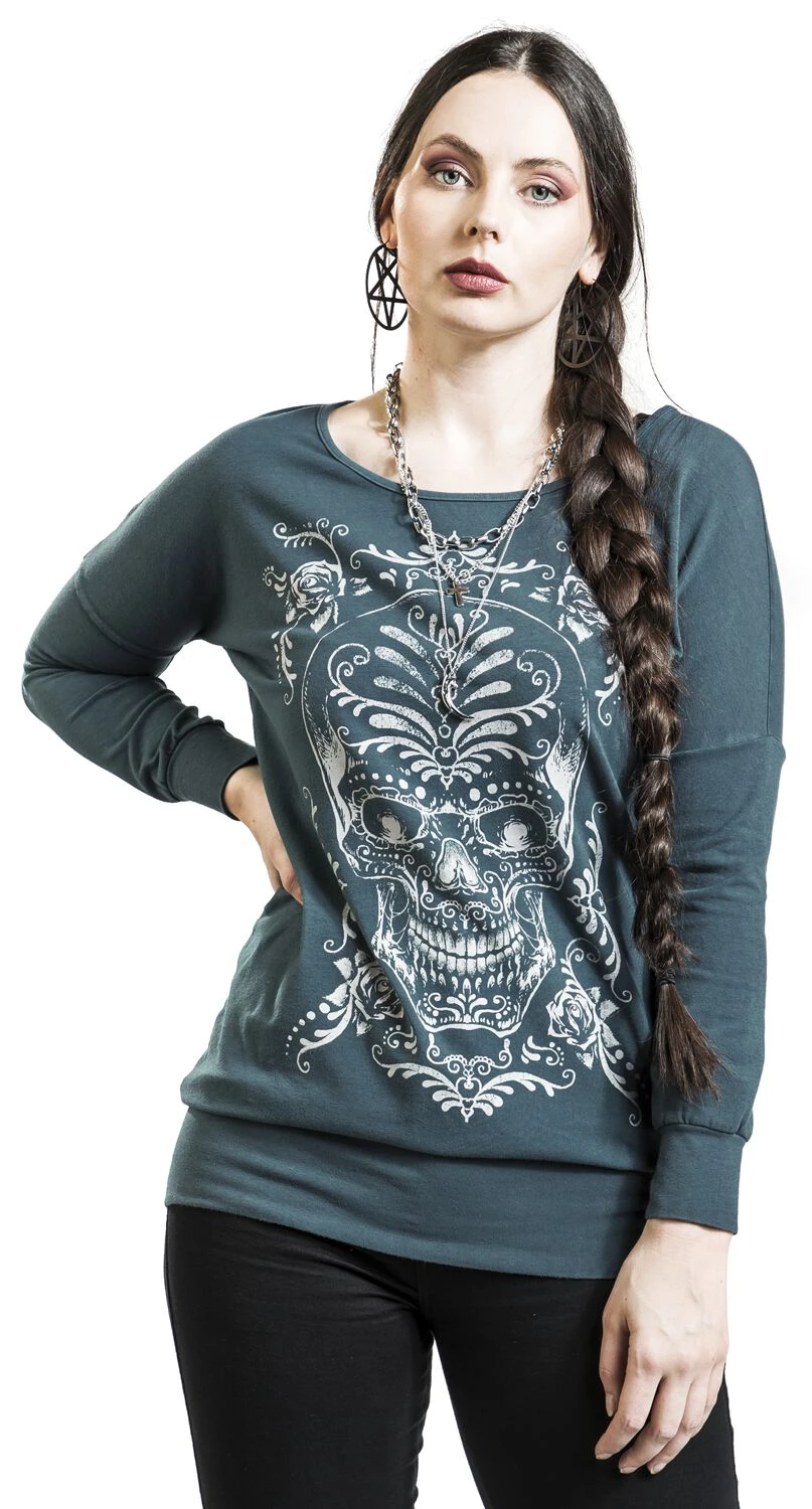 "Long-sleeved Top With Skull" Long-sleeve Shirt Grey By Rock Rebel By EMP - Image 5