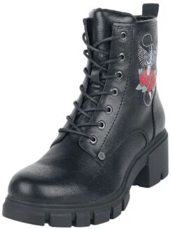 "Black Lace-up Boots With Rose Print And Rhinestones" Boot Black By Rock Rebel By EMP